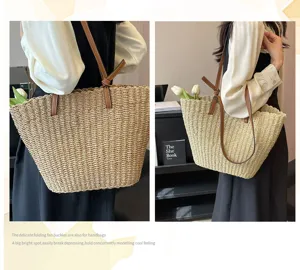Summer straw tote bag for women, large capacity woven shoulder bag, casual beach vacation bag.