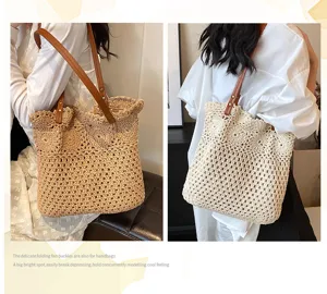 Woven straw tote bag for women, large capacity crochet shoulder bag, casual beach vacation purse.