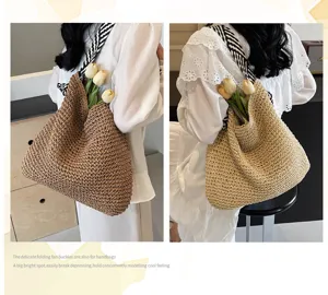 Handgemachte geflochtene Strohtasche fur Damen, schicke Freizeittasche mit Streifengurt.