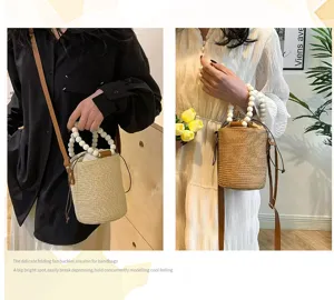 Woven straw bucket bag with wooden bead handle and shoulder strap detail views.