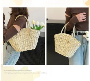 Sac cabas tissé en paille fait main sac de plage d'été pour femme mode panier décontracté.
