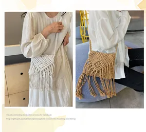 Handgefertigte gewebte Baumwoll-Umhängetasche mit Fransen, lässige Damen Schultertasche.