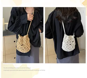 Stylish women macrame woven crossbody bag, handmade cotton rope bucket bag for casual summer beach.