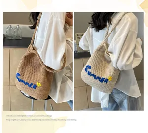 Handmade crochet tote bag with summer embroidery letter, large capacity casual shoulder bag.