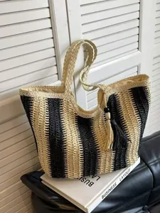 Large Capacity Women Tote Bag Casual Straw Woven Handbag Seaside Beach Vacation Bag Paper Material Striped Shoulder Bag