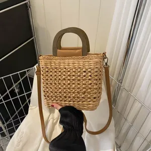 Zomer Stro Geweven Tas Grote Capaciteit Strand Handtas Vrouwen Casual Reizen Schoudertas Met Houten Handvat