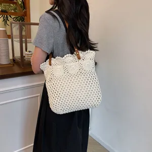 Casual Large Capacity Cotton Woven Tote Bag For Women Summer Vacation Beach Shoulder Bag With Zipper Simple Handbag