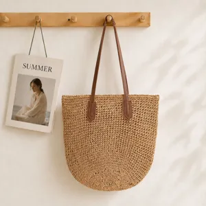 Womens Hand Woven Straw Bag Large Capacity Tote Bag Casual Beach Vacation Shoulder Bag Commuter Straw Tote