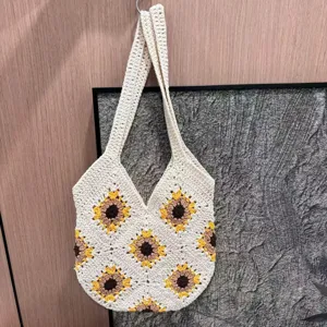 Sac Cabas en Crochet de Coton Fait Main pour Femmes Casual Tournesol Patchwork Sac à Épaule Vacances à la Plage