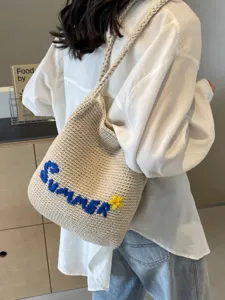 Women Canvas Woven Tote Bag Handmade Straw Beach Shoulder Bag Casual Large Capacity Letter Embroidery Handbag