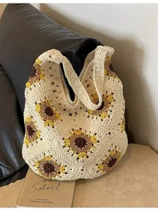 Handmade crochet sunflower cotton tote bag large capacity shoulder beach vacation bag