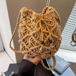 Summer casual cotton woven crossbody bucket bag, stylish handmade beach handbag for women.