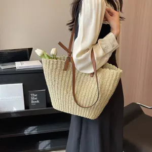 Summer large capacity straw woven tote bag casual beach handbag with leather straps