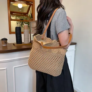 Versatile cotton straw shoulder bag, handmade large tote for beach and summer vacation.