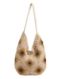 Handmade crochet sunflower tote bag, casual cotton woven large shoulder bag for women beach.