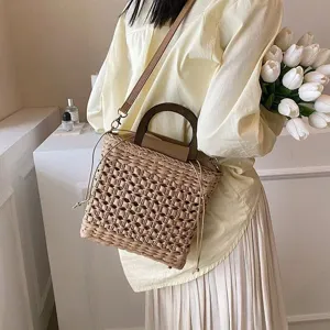 Zomer stro geweven handtas vrouwen casual strand schoudertas met stijlvol houten handvat