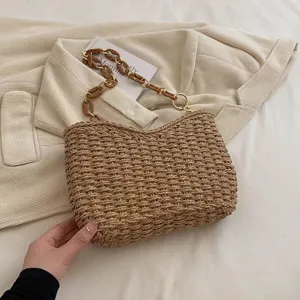Chic straw woven shoulder handbag for women, trendy summer beach vacation straw tote bag.