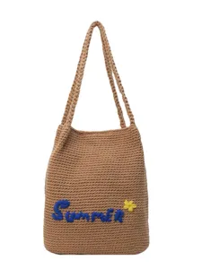 Handmade woven cotton tote bag, large capacity casual shoulder bag for beach trip.