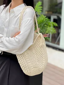 Beige gehaakte tote tas met kwast handgemaakte katoenen schoudertas grote strandtas voor vrouwen