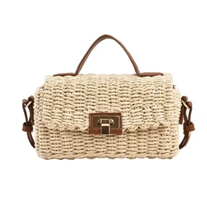 Lässige Stroh gewebte Handtasche für Damen, Umhängetasche kleine quadratische Tasche Strand.