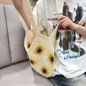 Sac à bandoulière tournesol au crochet fait main, sac cabas de plage esthétique décontracté.
