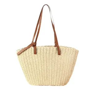 Summer straw woven tote bag for women, large capacity beach shoulder bag with leather straps.