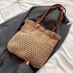 Crochet Straw Tote Bag Casual Woven Shoulder Bag Large Capacity Beach Handbag for Women
