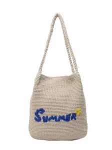 Summer embroidered knit tote bag handmade cotton shoulder bag casual beach vacation handbag