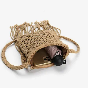 Baumwolle gewebte Umhängetasche mit Fransen, stilvolle Sommer Strand Schultertasche.