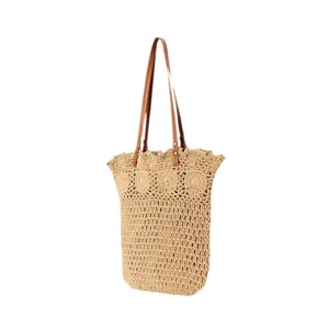 Woven straw tote bag for women, handmade cotton shoulder bag, large capacity beach bag.
