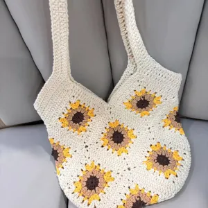 Sac à main bandoulière tournesol au crochet fait main pour femme, fourre-tout tricot vintage.