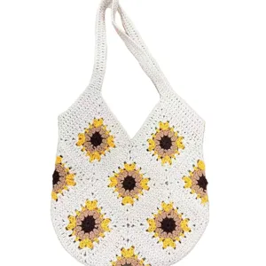 Sac bandoulière tournesol au crochet fait main, cabas tricoté floral mignon pour vacances d'été.