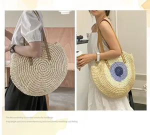 Handwoven Round Straw Shoulder Bag Large Capacity Casual Beach Vacation Bag for Women