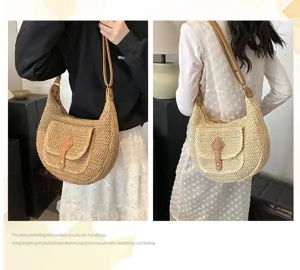 Sac bandoulière en paille tressée pour femme, grand cabas de plage bohème avec boucle en cuir.