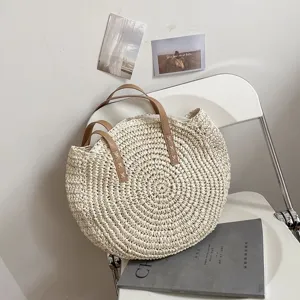Women Round Straw Woven Tote Bag Handmade Paper Straw Beach Handbag Large Capacity Casual Vacation Shoulder Bag