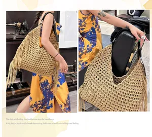 Handcrafted cotton woven fringe shoulder tote bag, large capacity beach vacation handbag for women.