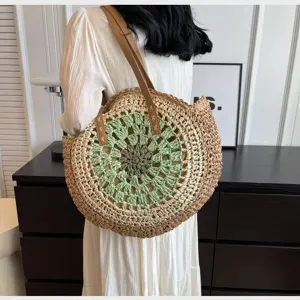 Dames Grote Capaciteit Stro Geweven Tote Tas Handgemaakte Kleurblok Strand Schoudertas Casual Vakantie Reizen Handtas