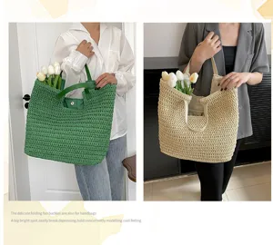 Sac cabas en paille tressée pour femme, grand sac à épaule pour vacances et usage quotidien.