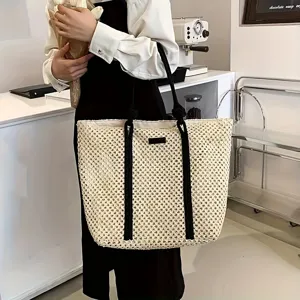 Women Straw Woven Tote Bag Large Capacity Handbag Casual Hollow Beach Bag Summer Vacation Shoulder Bag Paper Material