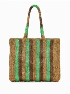 Womens Large Capacity Woven Straw Tote Bag Casual Striped Shoulder Bag Beach Vacation Handbag Paper Material