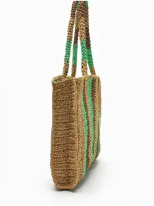 Stylish straw woven tote bag for women, casual striped shoulder handbag for beach summer vacation.