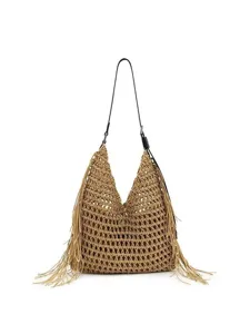 Woven straw shoulder bag for women, large capacity fringe hobo tote for summer beach vacation.