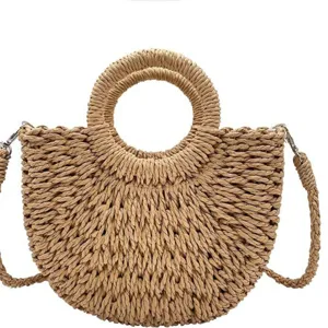 Elegante Strohtasche für Damen, schicke Umhängetasche mit rundem Griff für den Strand.