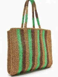 Stylish woven striped straw tote bag for women, large capacity beach shoulder bag.