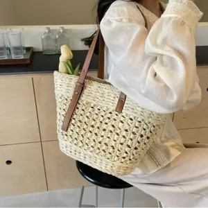 Women Fashion Straw Woven Tote Bag Large Capacity Casual Travel Beach Handbag Hollow Out Shoulder Bag