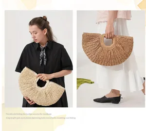 Sac de plage en paille tissée pour femme, cabas demi-lune vintage avec poignée éventail.