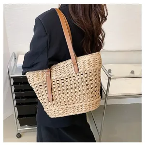 Woven straw tote bag for women, large capacity hollow shoulder handbag, beach bag.