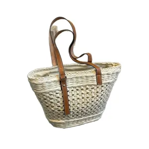 Woven straw tote bag for women, large capacity leather strap shoulder beach basket.