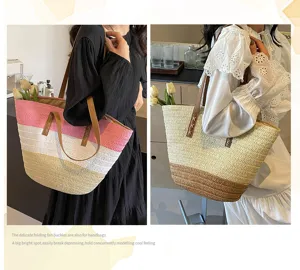 Color-blocked straw tote bag for women, handmade large woven shoulder bag for beach vacation.