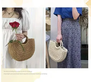 Handgemachte Strohtasche, Halbmond Handtasche, große Kapazität Sommer Strandtasche.